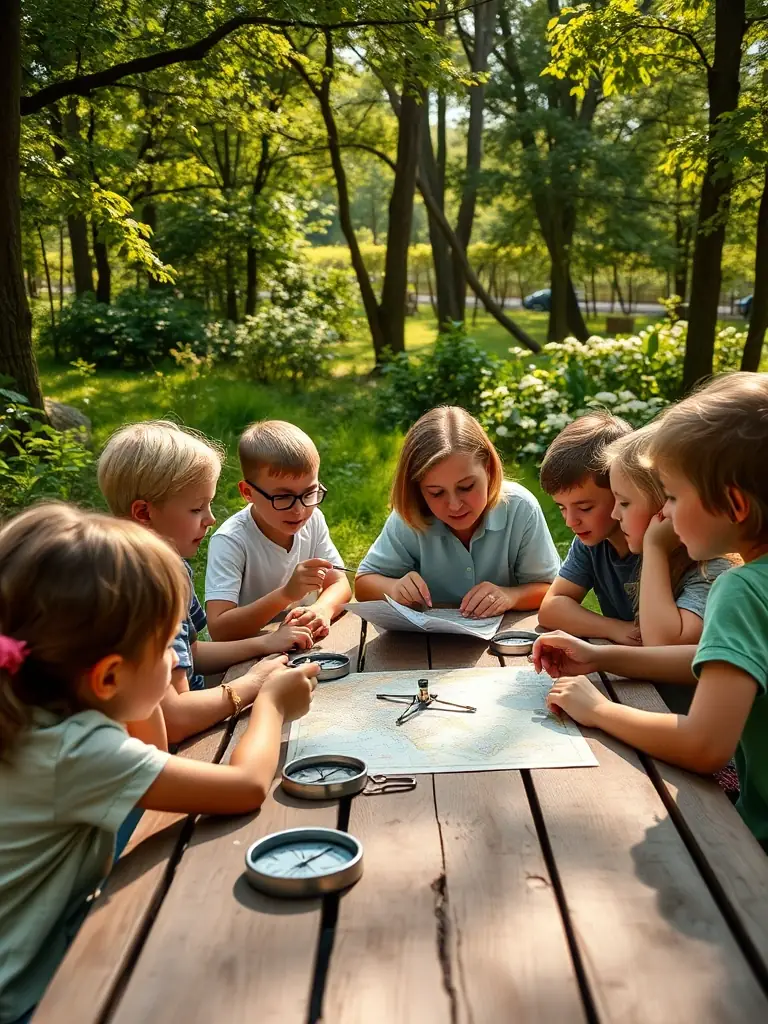 A vibrant image of children participating in an orienteering training session in a sunny forest, using maps and compasses with instructors nearby.