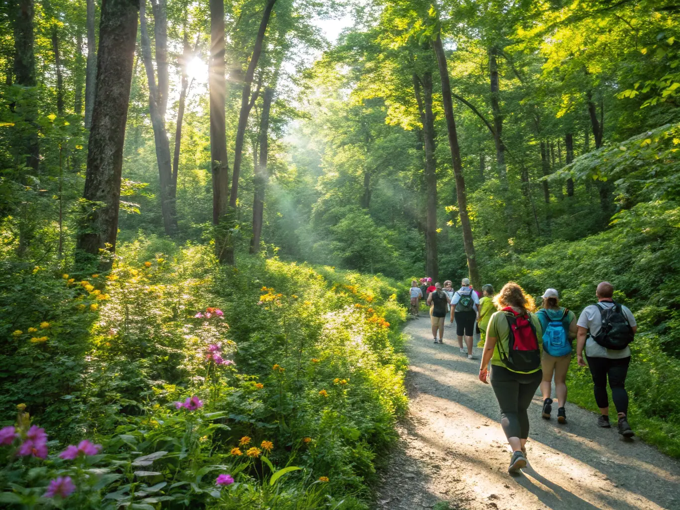 A vibrant image of participants navigating through a forest during an orienteering event, showcasing the physical activity and natural environment.