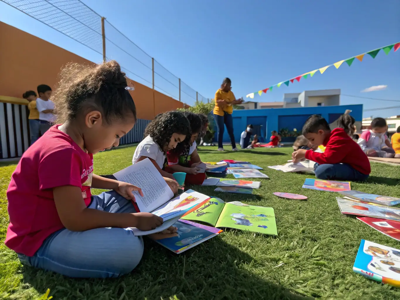 A group of children participating in an introductory orienteering course, learning to read maps and use compasses in a forest setting. The scene is bright and cheerful, emphasizing the fun and educational aspects of the activity.
