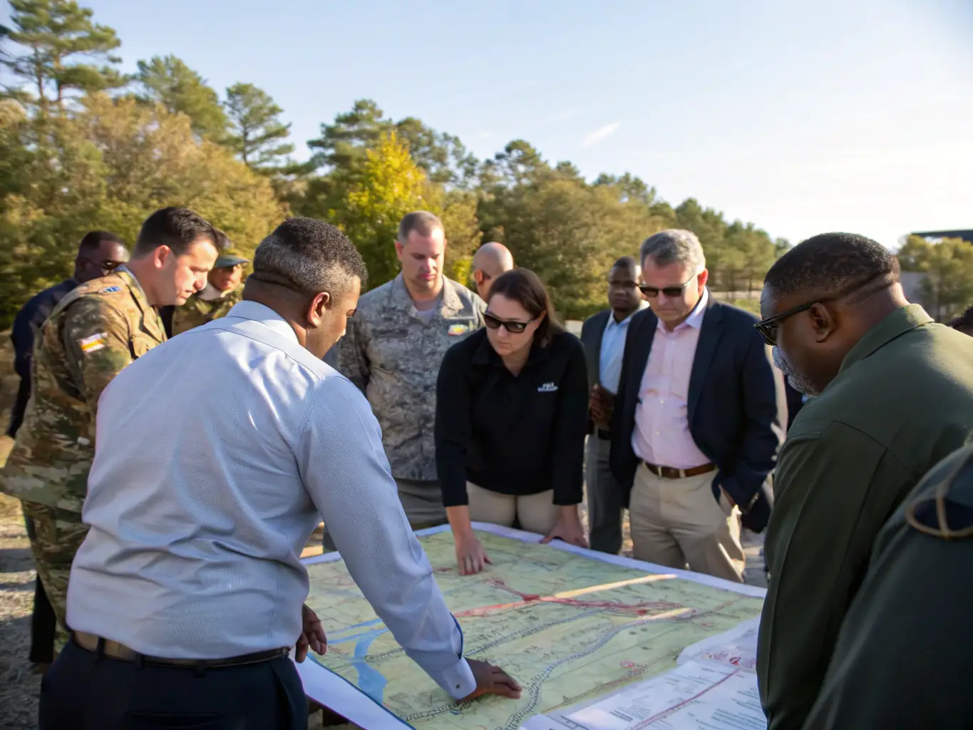 A group of people laughing and collaborating while planning their route during an orienteering event, highlighting the social aspect and teamwork involved.