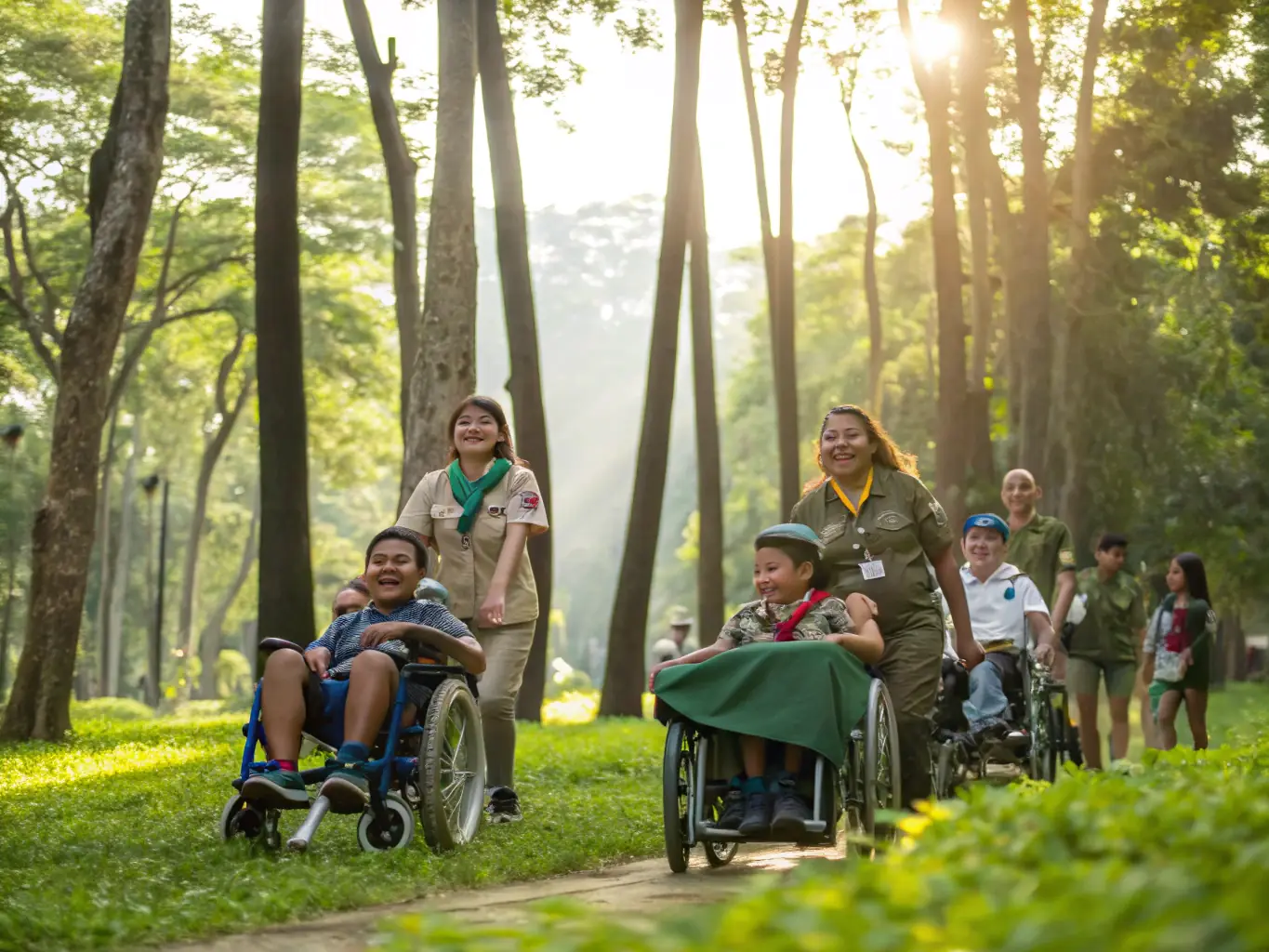 An inclusive orienteering event with participants of all ages and abilities, including individuals with disabilities using adaptive equipment. The image should convey a sense of inclusivity, community, and accessibility.