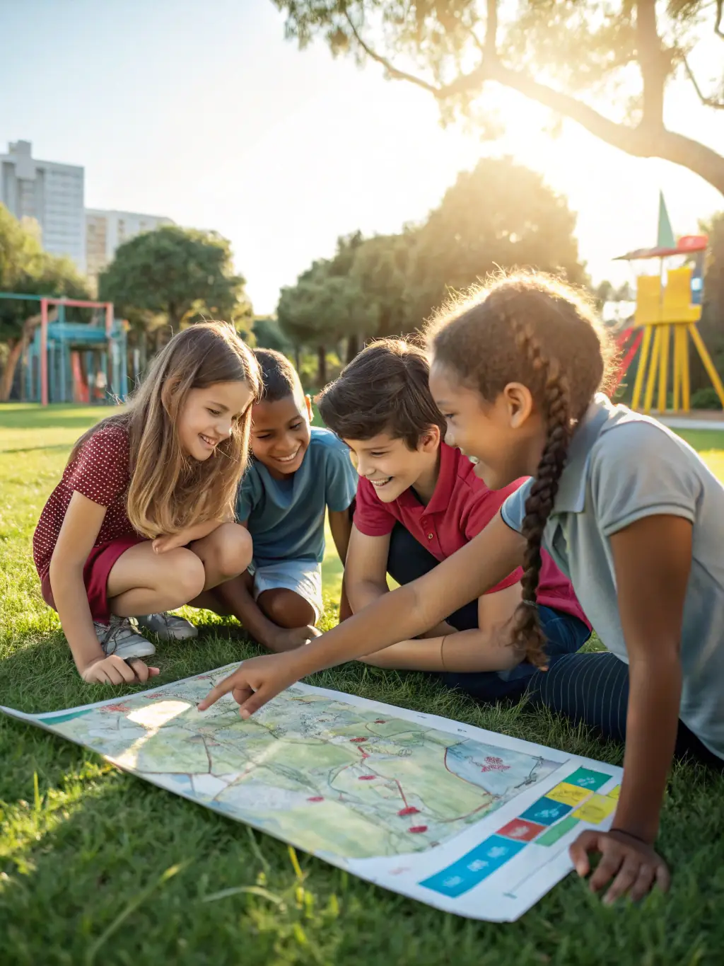 A close-up shot of a group of children learning to read a map in a forest setting, sunlight filtering through the trees, emphasizing the educational aspect of orienteering.