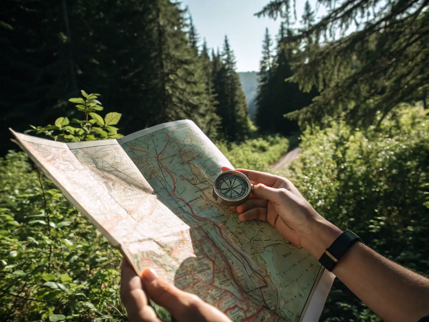 A focused image of a person using a map and compass in a forest, emphasizing the mental challenge and navigational skills required in orienteering.
