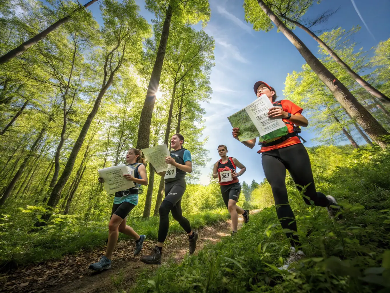 A team of adults participating in an advanced orienteering competition in a dense forest, using maps and compasses to navigate challenging terrain. The image should convey a sense of adventure, skill, and teamwork.