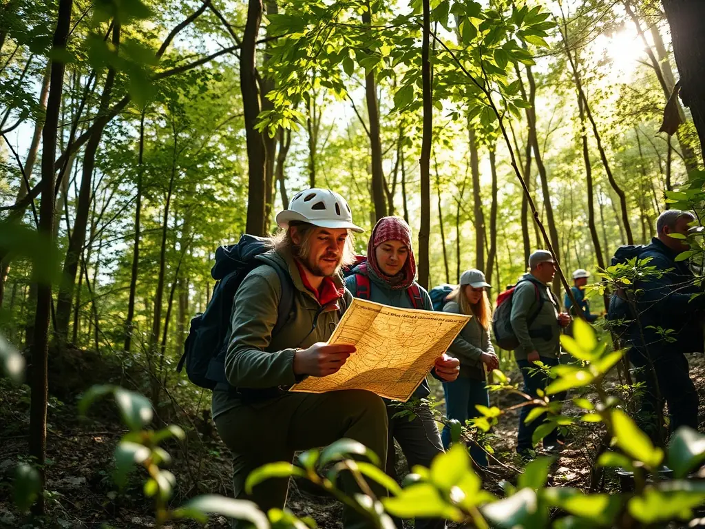 A photograph of adults participating in a competitive orienteering event, navigating through challenging terrain with maps and compasses. The image captures the intensity and focus of the participants.