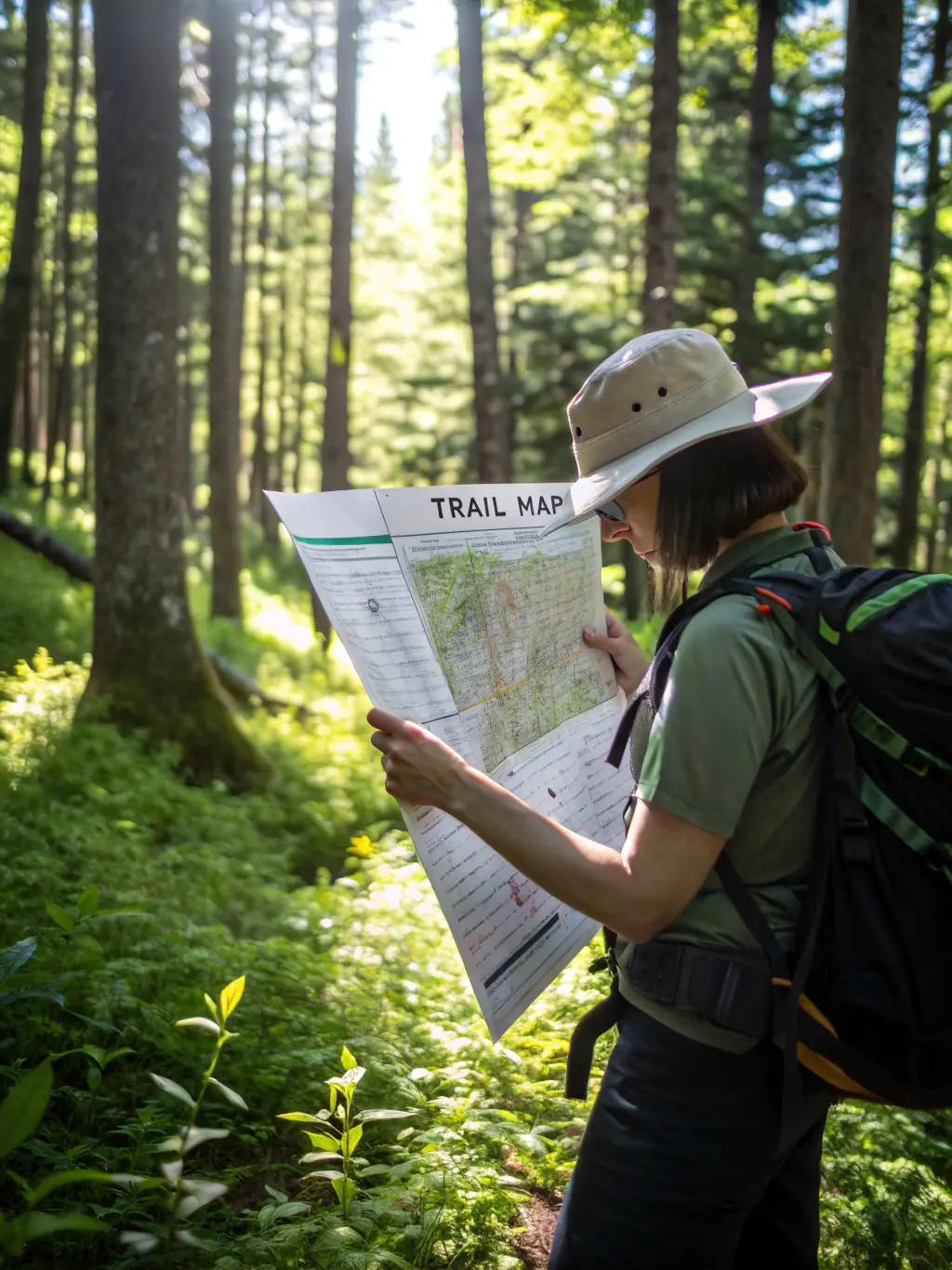 A photograph of adults participating in an advanced orienteering course, navigating through challenging terrain with maps and compasses.