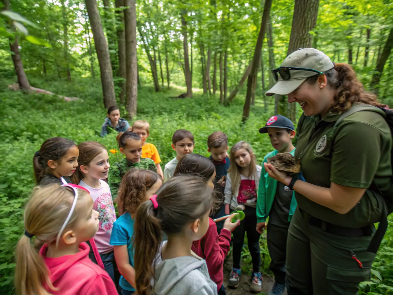 A group of children participating in a beginner's orienteering course, learning to read maps and use compasses in a park setting. The image should convey a sense of fun, learning, and outdoor activity.